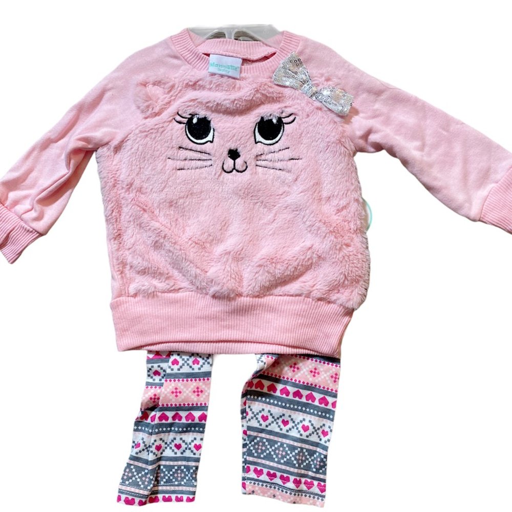 Nannette Baby Faux Fur 2 Piece Bear Set 24M-Pink, Grey & Silver Bow